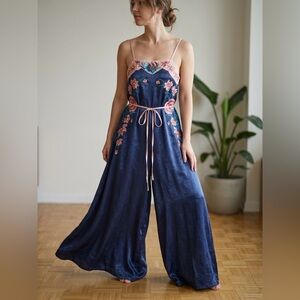 Navy Floral Embroidered Wide-Leg Jumpsuit with Pink Trim